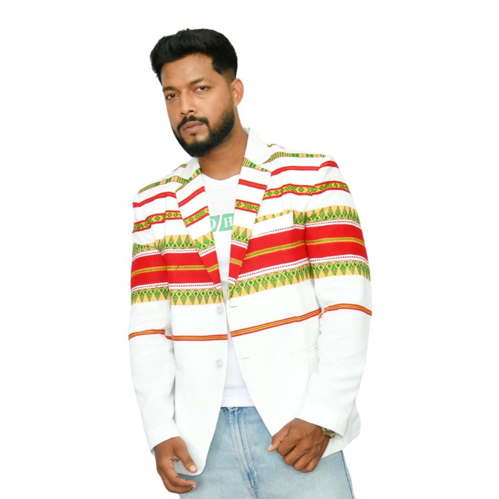 Johar Tribal Mart Mens Traditional Cotton Blazer Multi Line White & Red