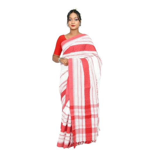 Johar Tribal Mart Saree Fish Work Pollycotton White & Red