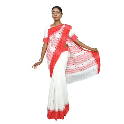 Johar Tribal Mart Handloom Cotton Saree High Quality White & Red