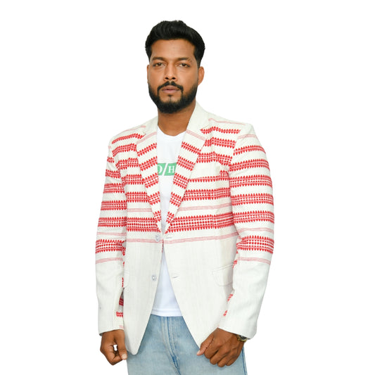 Johar Tribal Mart Kukhena Traditional Blazer Pure Khadi White & Red