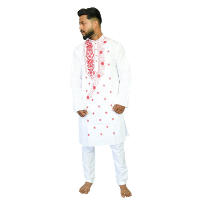 Johar Tribal Mart Mens Traditional Embroidery Kurta Pajama White & Red Traditional