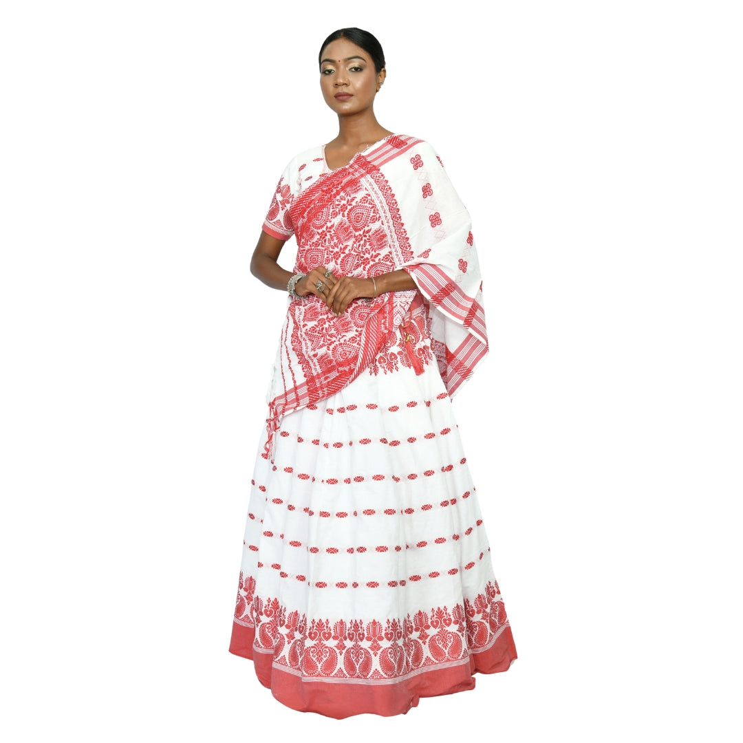 Johar Tribal Mart Traditional Jharkhandi Lehenga Cotton Mayur Work White & Red