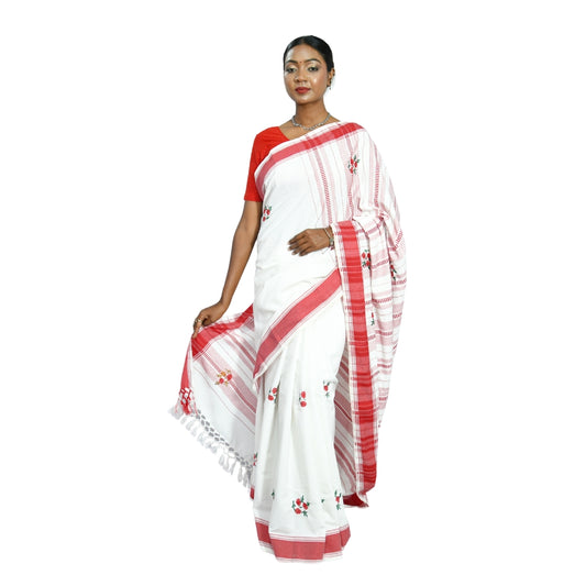 Johar Tribal Mart Saree Hand Embroidery Work Round Flower White & Red