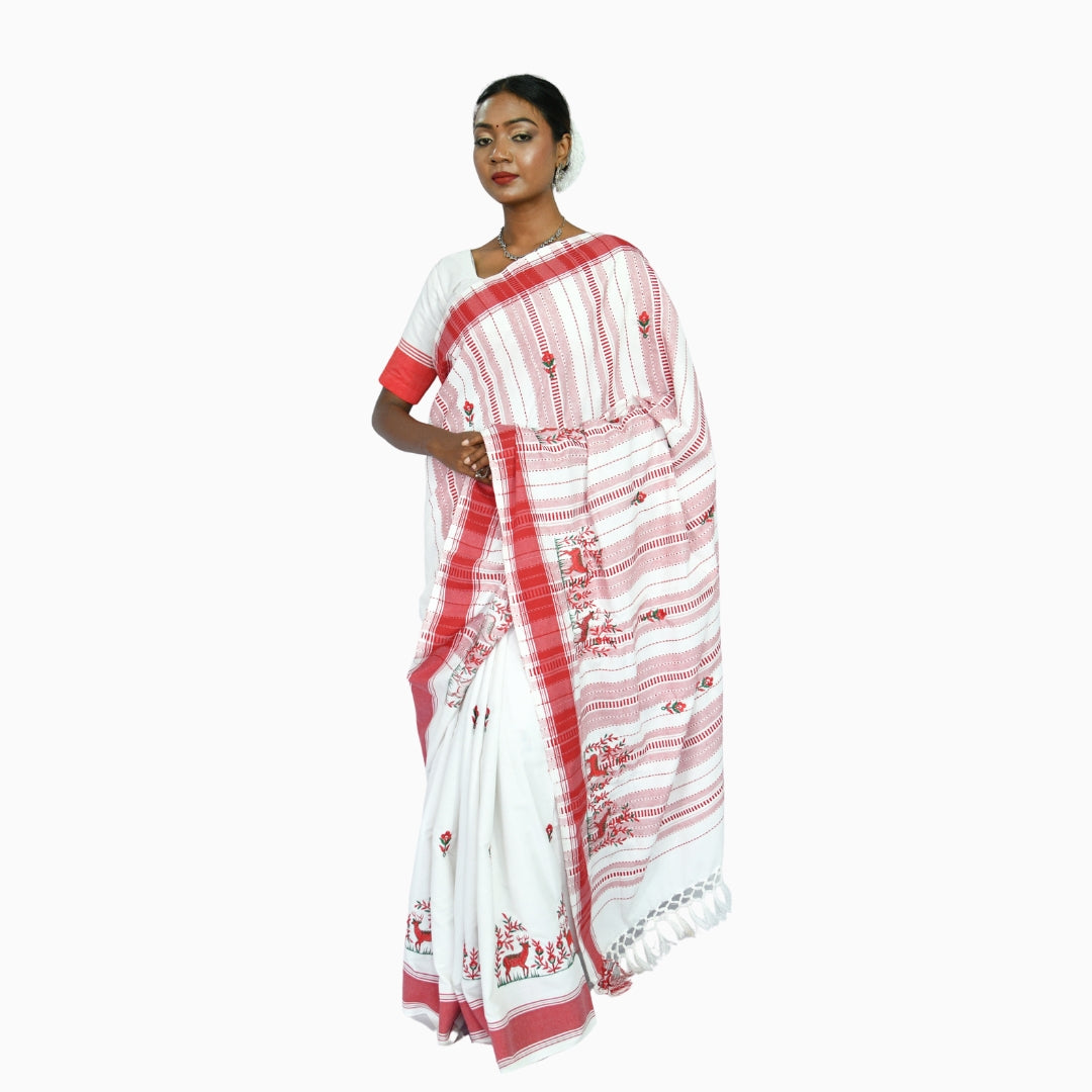 Johar Tribal Mart Saree Hand Embroidery Deer Work White & Red