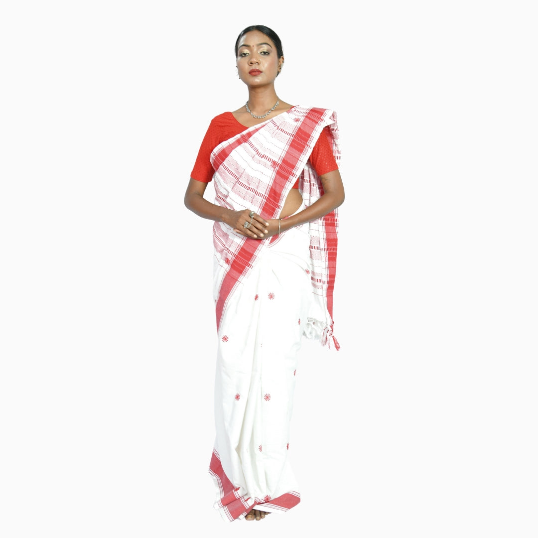 Johar Tribal Mart Saree Hand Embroidery Full Buti Work White & Red