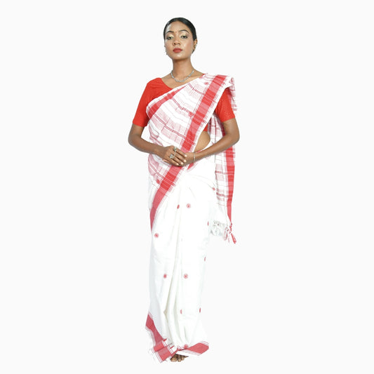 Johar Tribal Mart Saree Hand Embroidery Full Buti Work White & Red