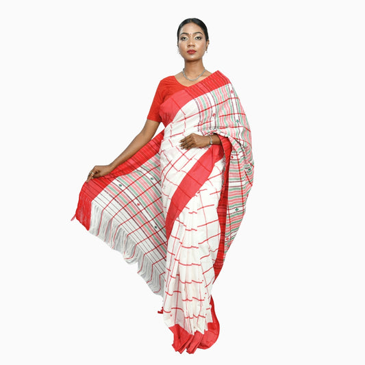 Johar Tribal Mart Handloom Cotton Saree High Quality Multi White & Red