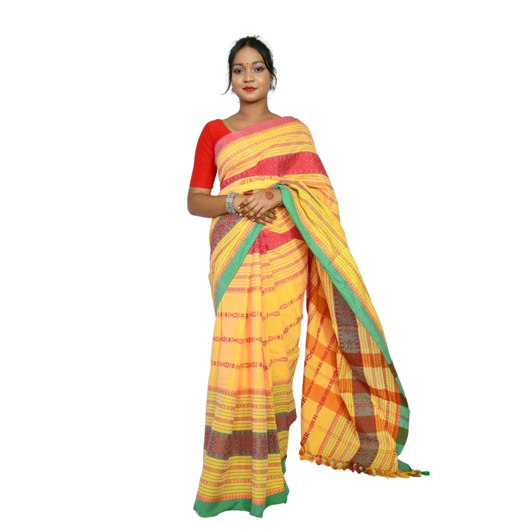 Johar Tribal Mart Saree Fish Work Pollycotton White & Yellow