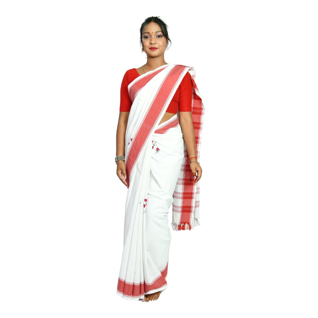 Johar Tribal Mart Saree Hand Embroidery Round Flower Work Plain White & Red