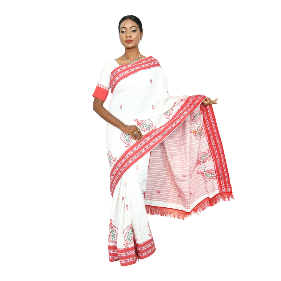 Johar Tribal Mart Saree Hand Embroidery Mayur Work White & Red