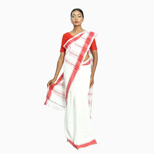 Johar Tribal Mart Saree South Indian Cotton White & Red