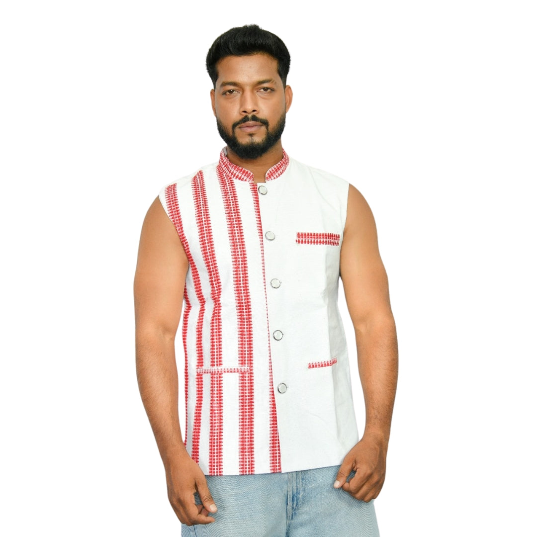 Johar Tribal Mart Kukhena Fancy Design Khadi Bundi White & Red