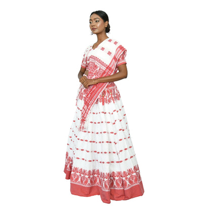 Johar Tribal Mart Traditional Jharkhandi Lehenga Cotton Mayur Work White & Red