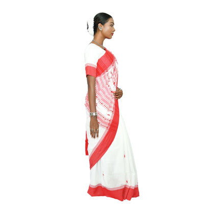 Johar Tribal Mart Handloom Cotton Saree High Quality White & Red