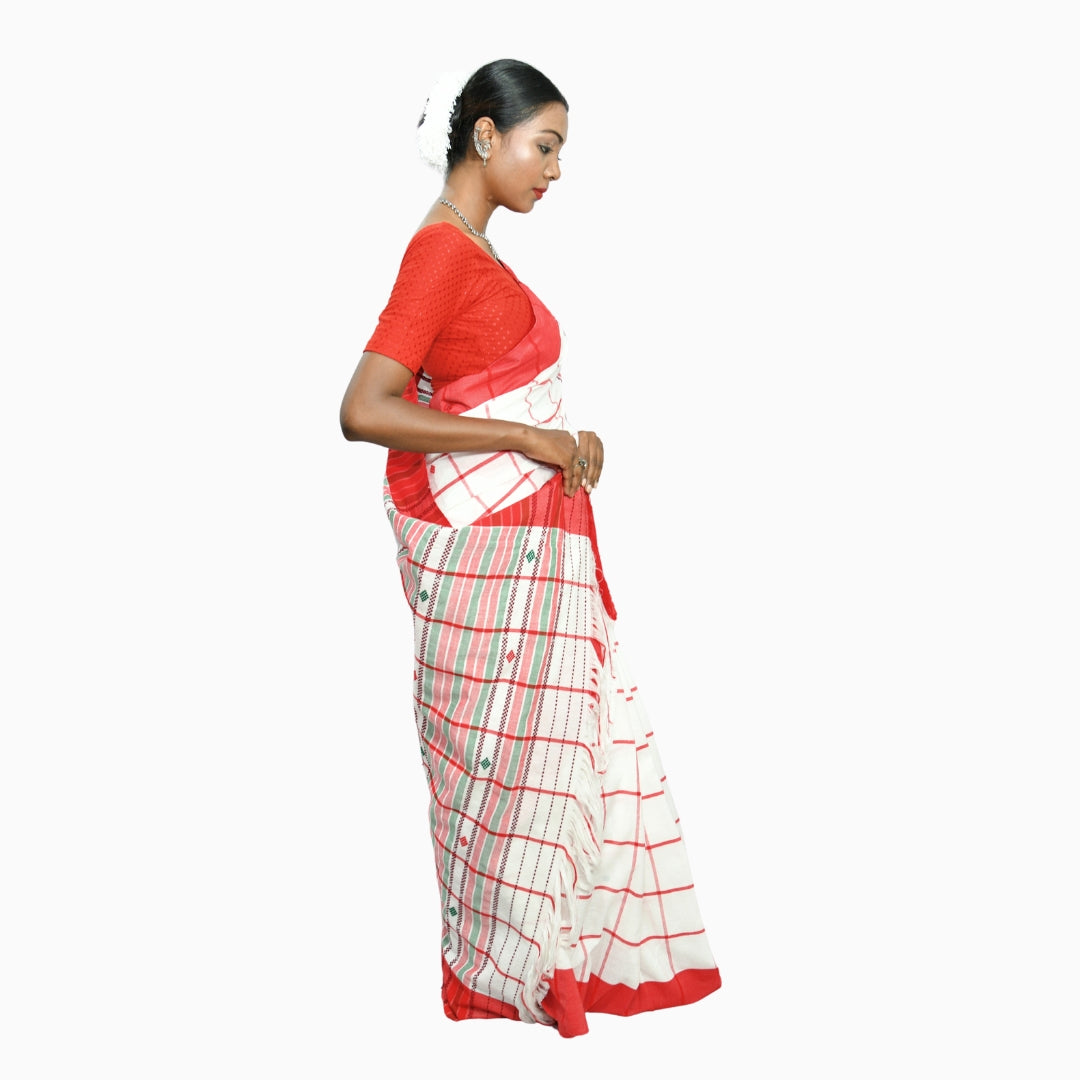 Johar Tribal Mart Handloom Cotton Saree High Quality Multi White & Red