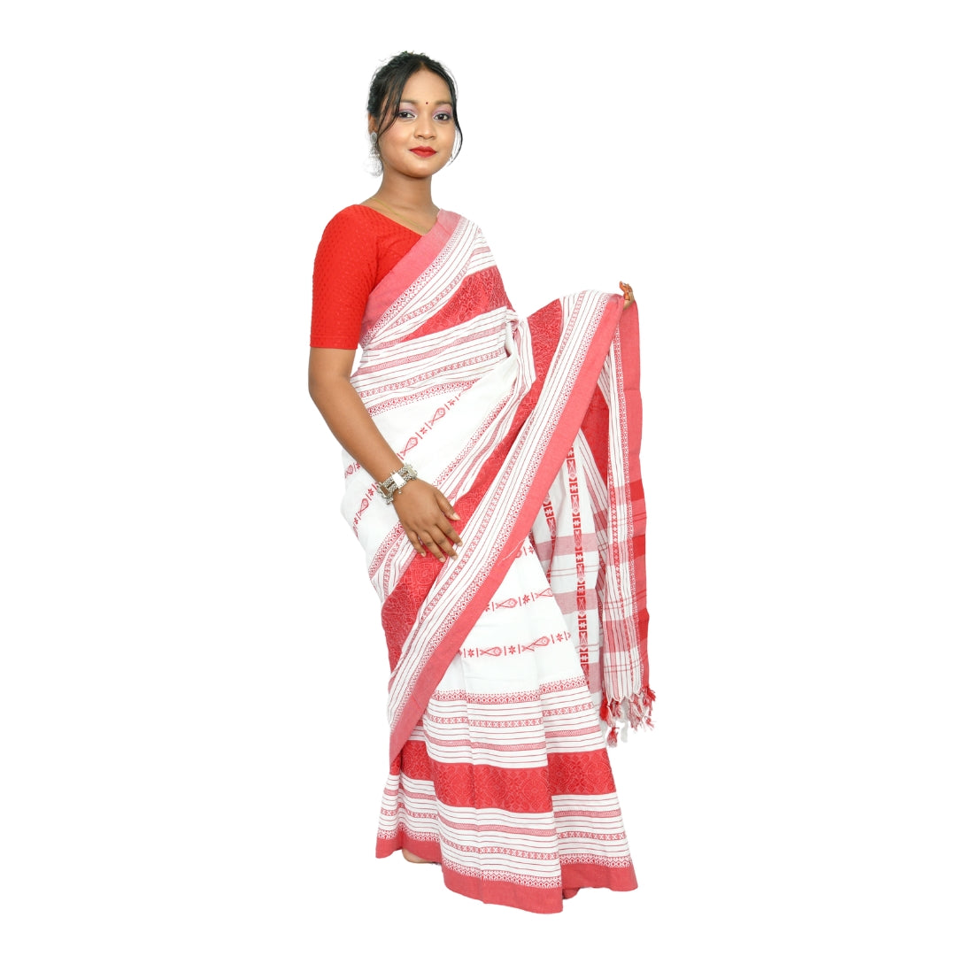 Johar Tribal Mart Saree Fish Work Pollycotton White & Red