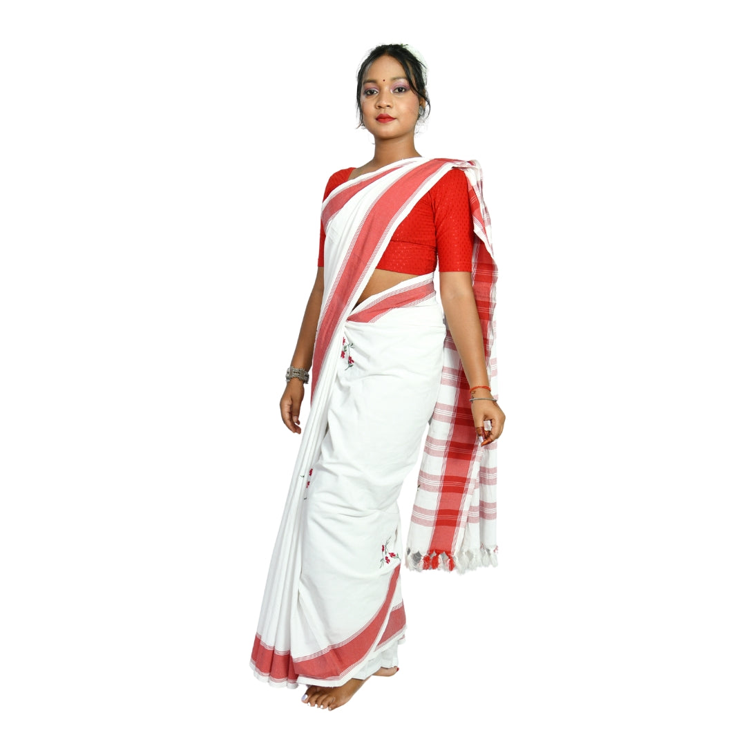 Johar Tribal Mart Saree Hand Embroidery Round Flower Work Plain White & Red