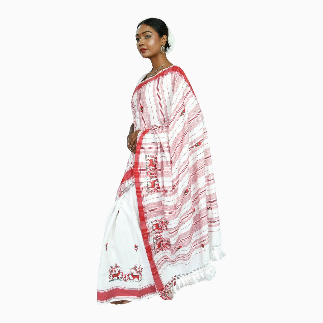 Johar Tribal Mart Saree Hand Embroidery Deer Work White & Red