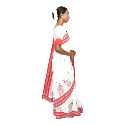 Johar Tribal Mart Saree Hand Embroidery Mayur Work White & Red