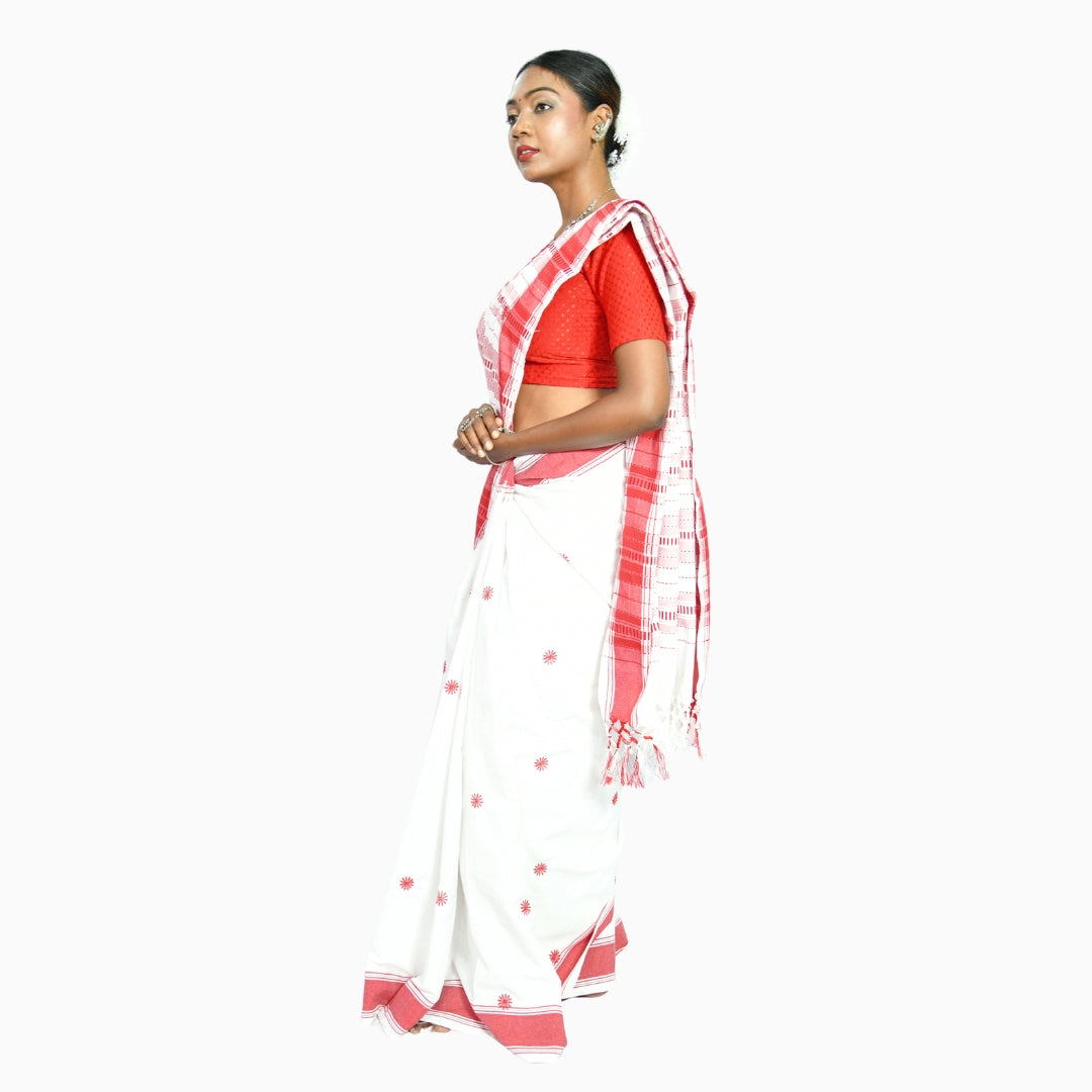 Johar Tribal Mart Saree Hand Embroidery Full Buti Work White & Red