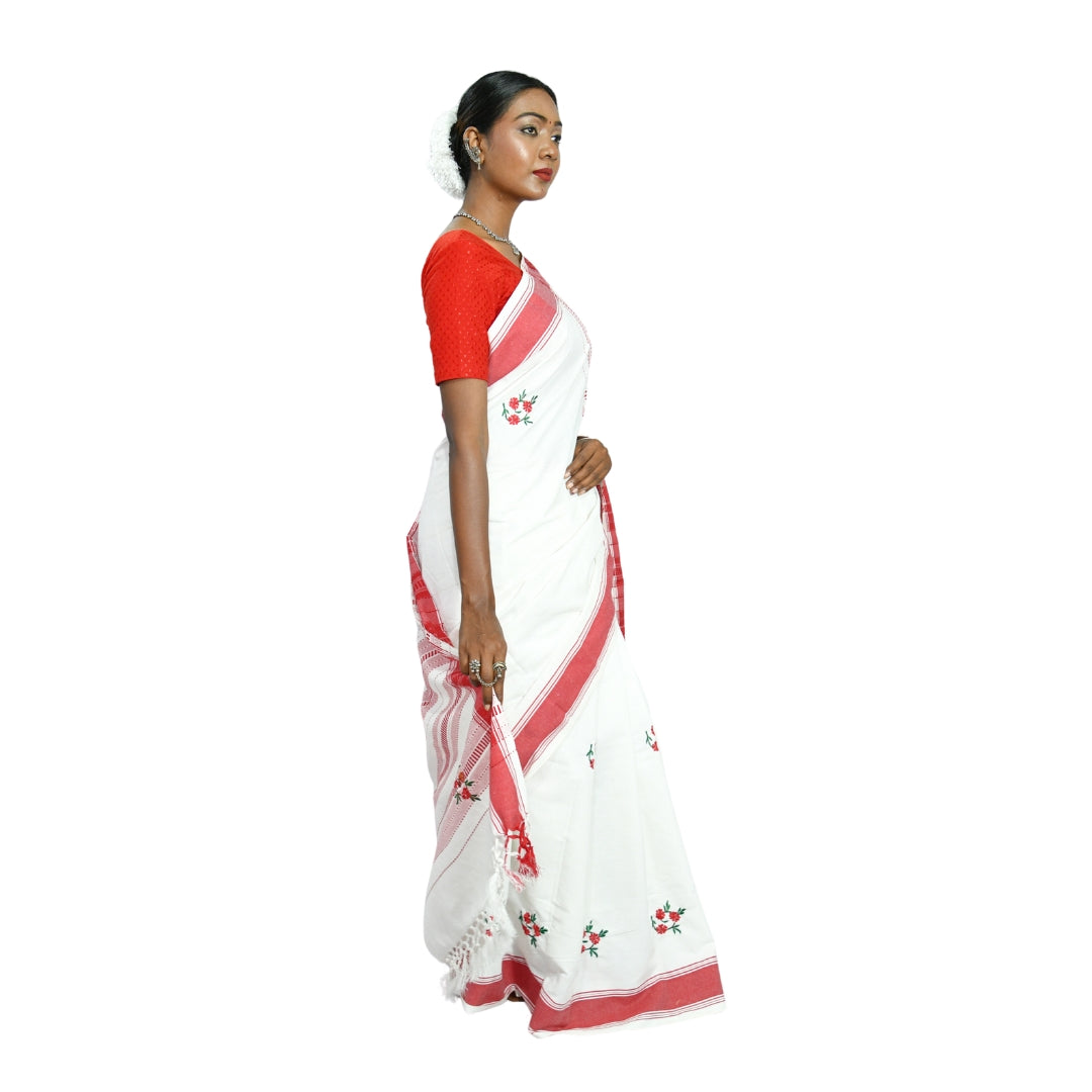 Johar Tribal Mart Saree Hand Embroidery Work Round Flower White & Red