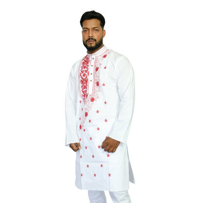 Johar Tribal Mart Mens Traditional Embroidery Kurta Pajama White & Red Traditional