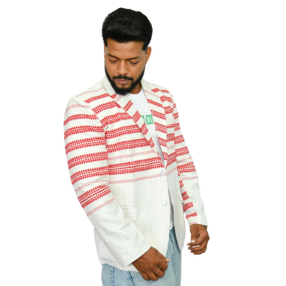 Johar Tribal Mart Kukhena Traditional Blazer Pure Khadi White & Red