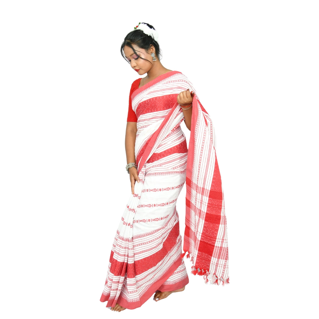 Johar Tribal Mart Saree Fish Work Pollycotton White & Red