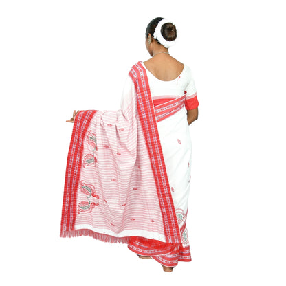 Johar Tribal Mart Saree Hand Embroidery Mayur Work White & Red