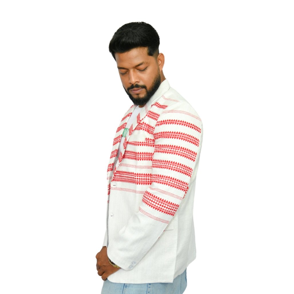 Johar Tribal Mart Kukhena Traditional Blazer Pure Khadi White & Red