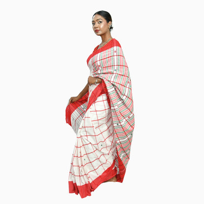 Johar Tribal Mart Handloom Cotton Saree High Quality Multi White & Red