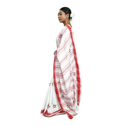 Johar Tribal Mart Saree Hand Embroidery Work Round Flower White & Red