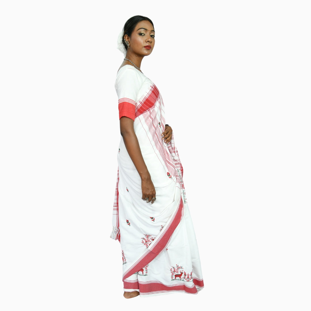 Johar Tribal Mart Saree Hand Embroidery Deer Work White & Red