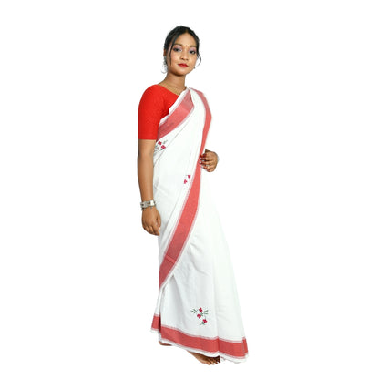 Johar Tribal Mart Saree Hand Embroidery Round Flower Work Plain White & Red