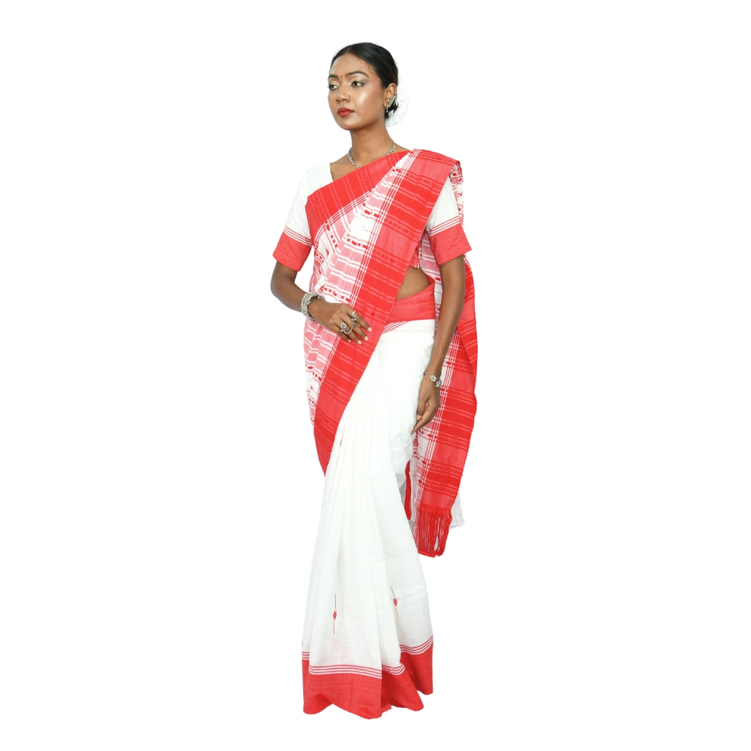 Johar Tribal Mart Handloom Cotton Saree High Quality White & Red