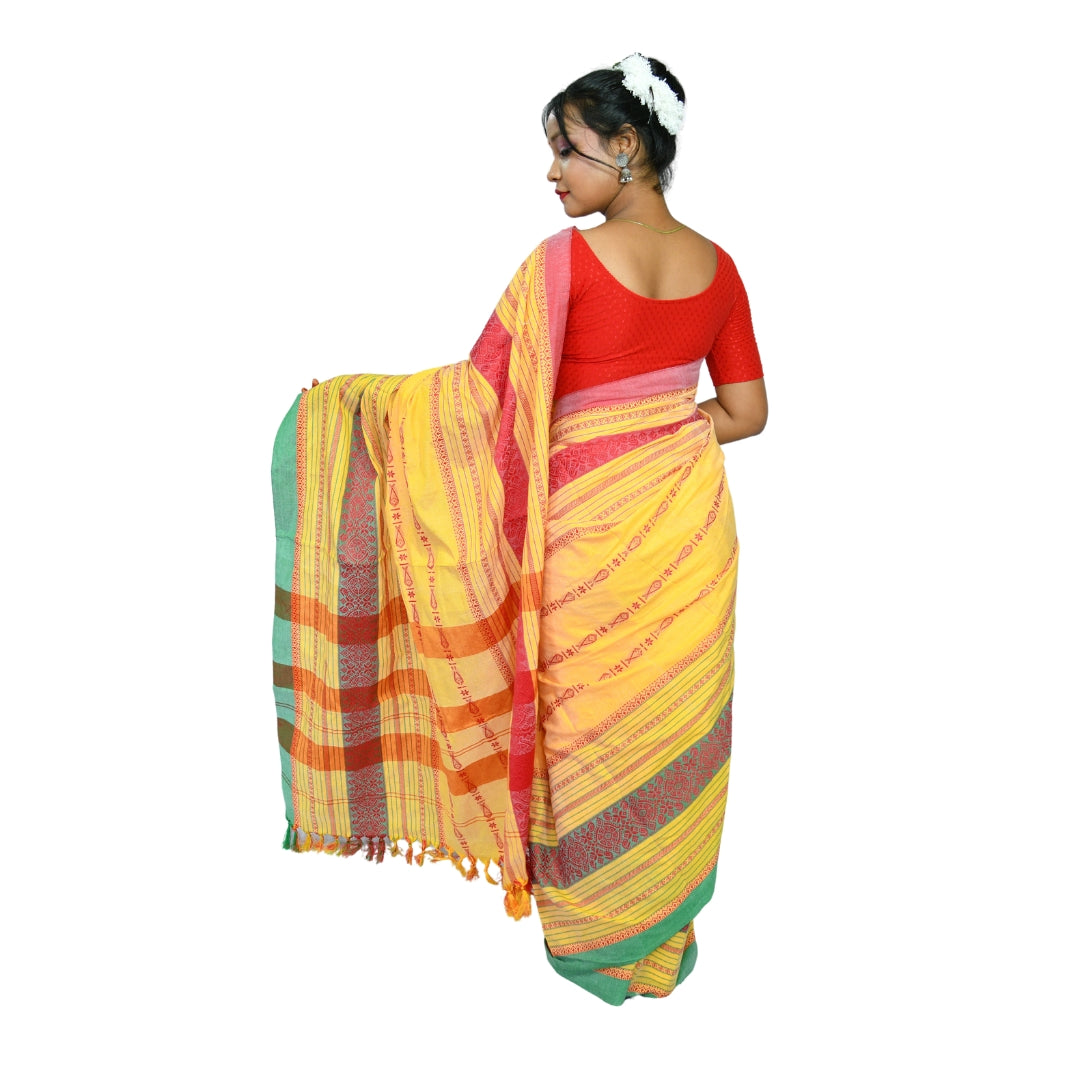 Johar Tribal Mart Saree Fish Work Pollycotton White & Yellow