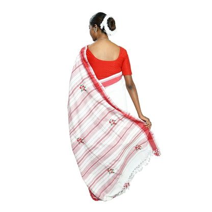 Johar Tribal Mart Saree Hand Embroidery Work Round Flower White & Red