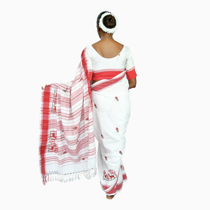 Johar Tribal Mart Saree Hand Embroidery Deer Work White & Red