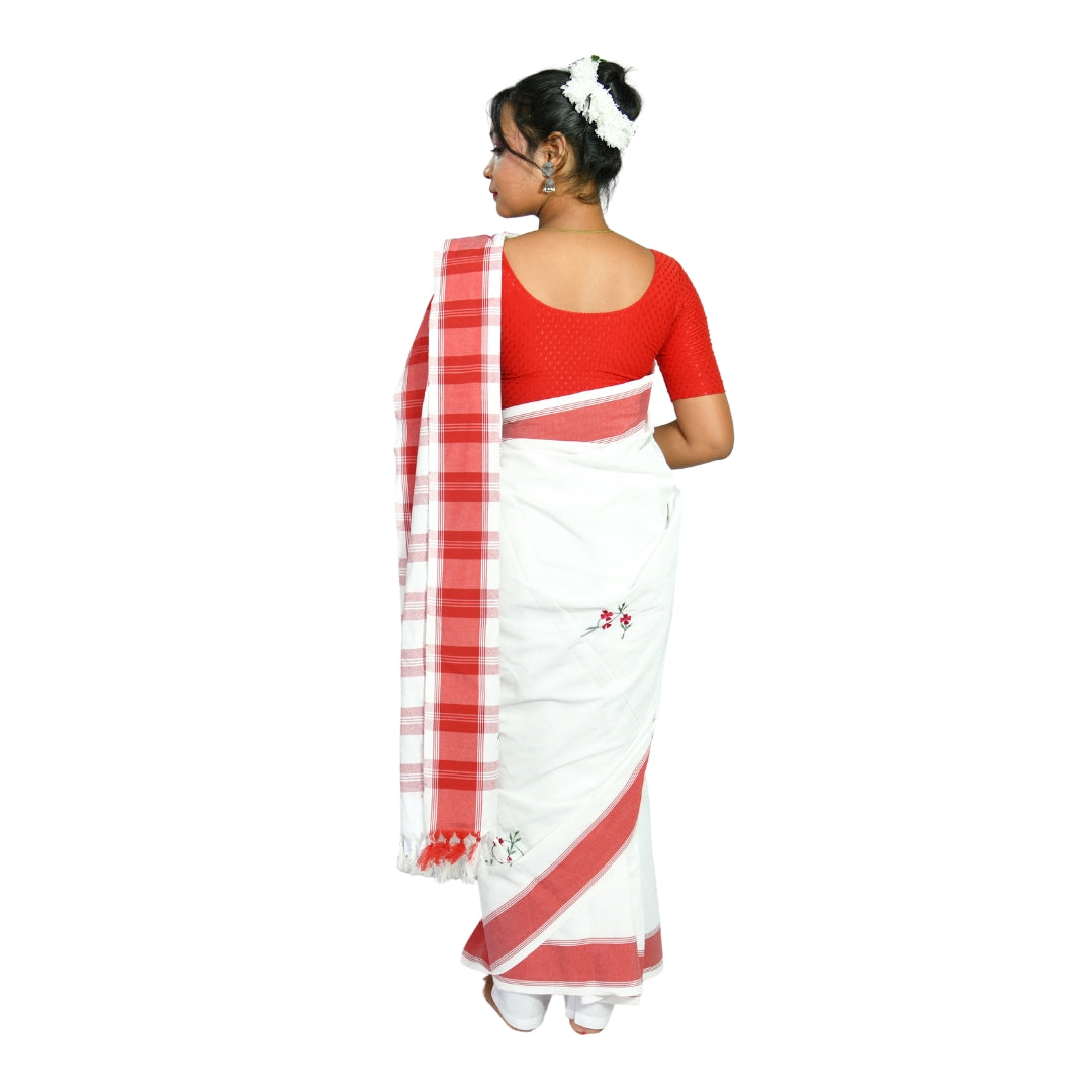 Johar Tribal Mart Saree Hand Embroidery Round Flower Work Plain White & Red