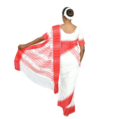 Johar Tribal Mart Handloom Cotton Saree High Quality White & Red