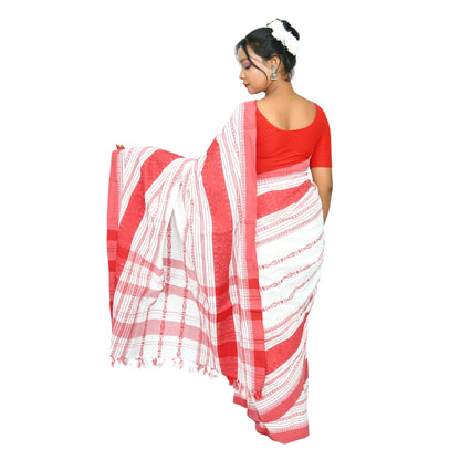 Johar Tribal Mart Saree Fish Work Pollycotton White & Red