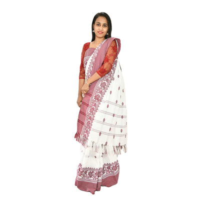 Padhiya Sidhi Tribal Saree Polly Cotton White and Maroon Leaf Work