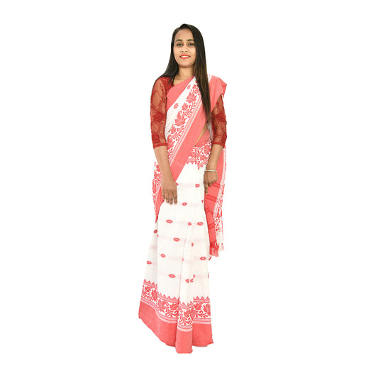 Padhiya Sidhi Tribal Saree Polly cotton White and Red Leaf Work