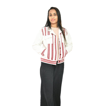 Kukhena Tribal Pure Khadi Girl Jacket Mix Border White and Maroon