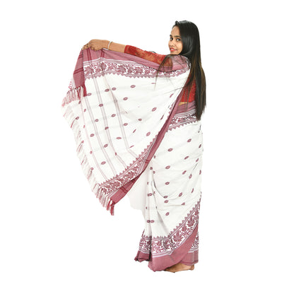 Padhiya Sidhi Tribal Saree Polly Cotton White and Maroon Leaf Work