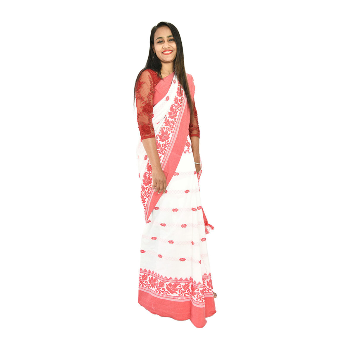 Padhiya Sidhi Tribal Saree Polly cotton White and Red Leaf Work