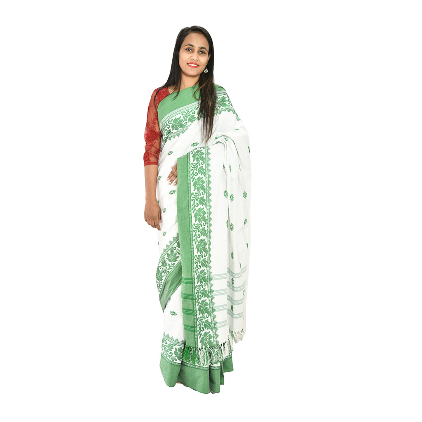 Padhiya Sidhi Tribal Saree Polly Cotton White and Green Leaf Work