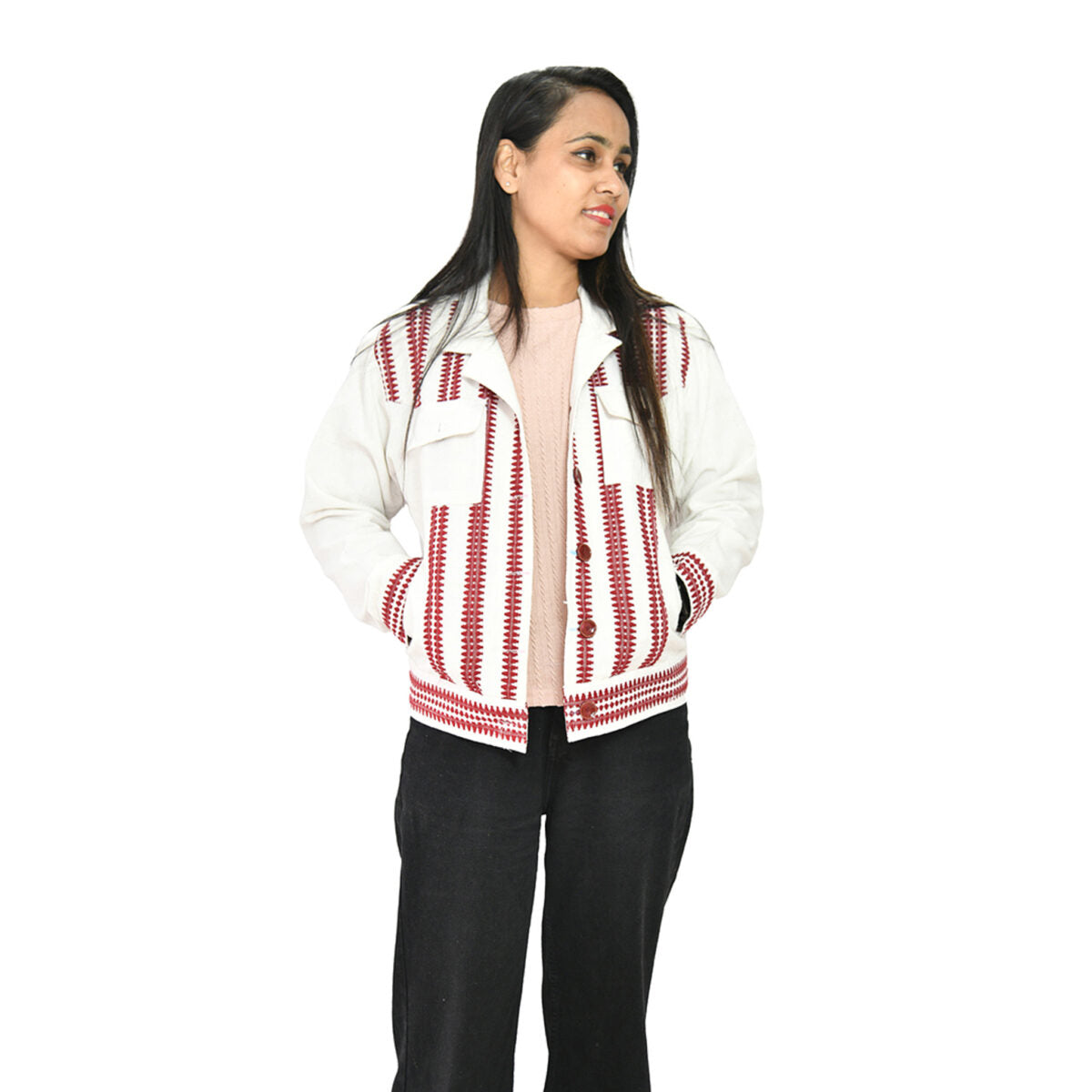 Kukhena Tribal Pure Khadi Girl Jacket Mix Border White and Maroon