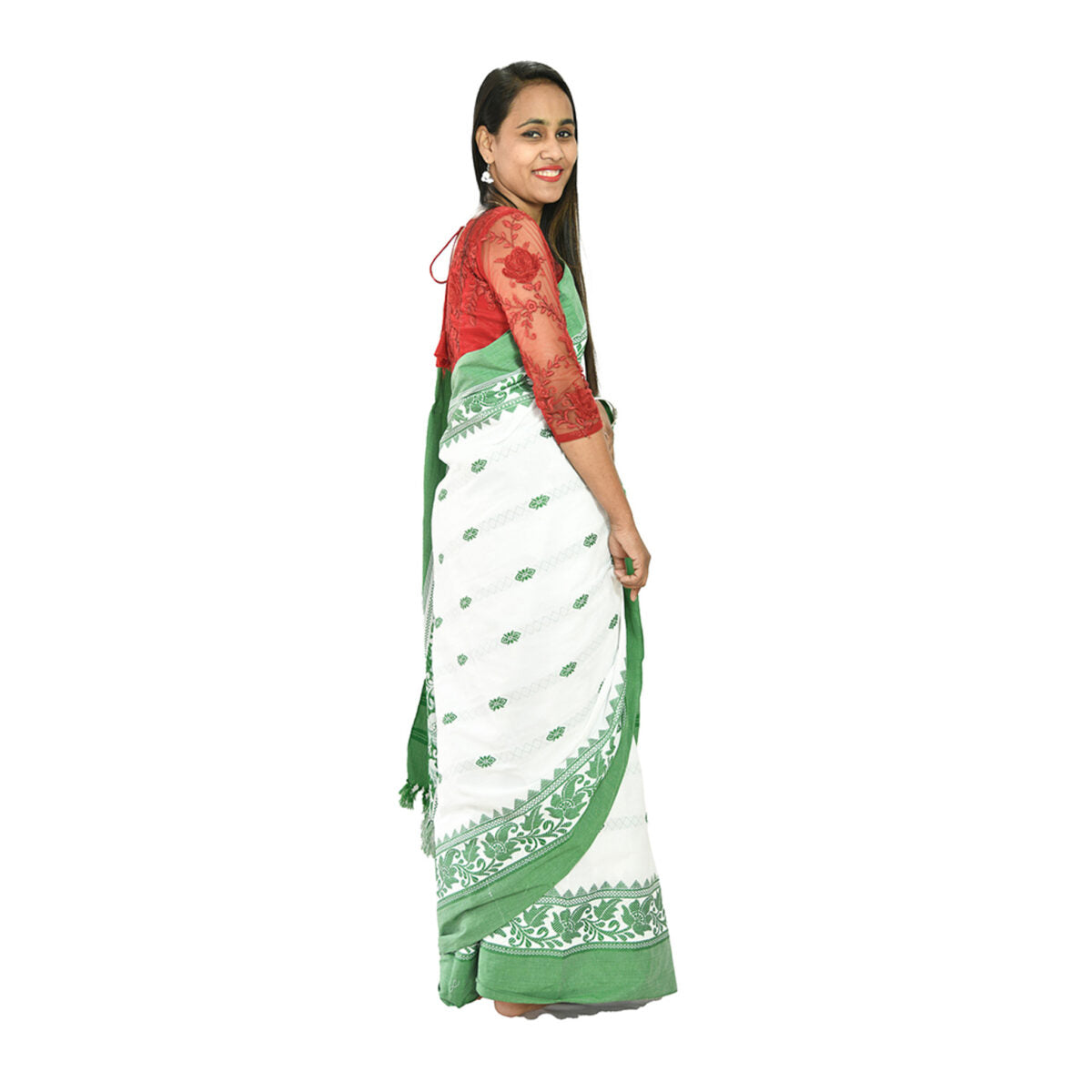 Padhiya Sidhi Tribal Saree Polly Cotton White and Green Leaf Work