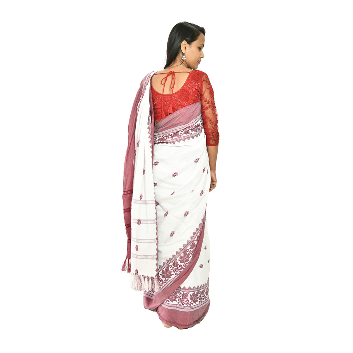 Padhiya Sidhi Tribal Saree Polly Cotton White and Maroon Leaf Work